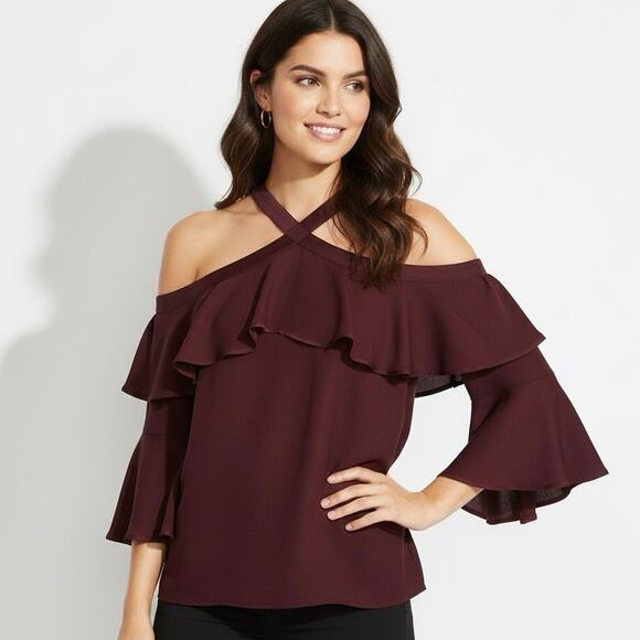 Loft Ruffle Off Shoulder Halter Blouse Size XL Burgundy Mediterranean Feminine - Picture 1 of 8